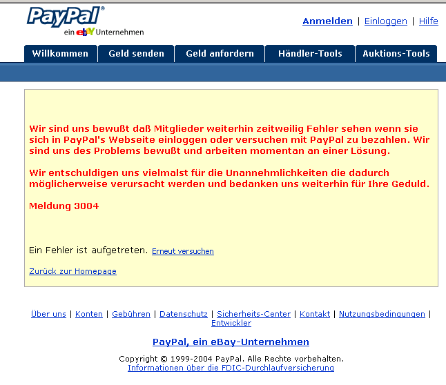 PayPal-Fehlermeldung