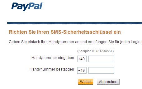 SMS-Sicherheitsschlüssel für PayPal
