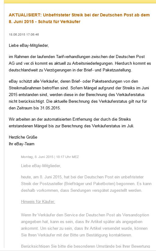 eBay Mitteilung zum DHL/Post Streik