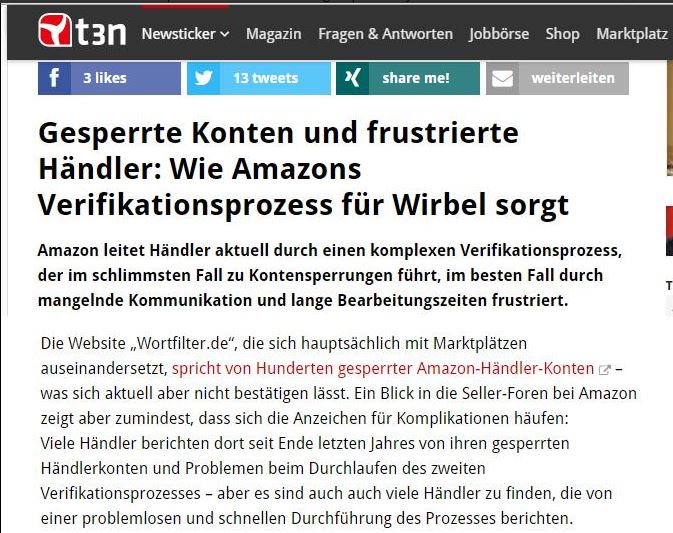 Amazon Verifikation: t3n.de und tmta.de steigen auch in das Thema ein