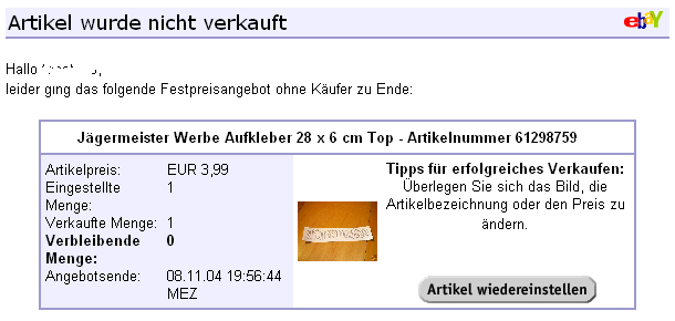 Artikel nicht verkauft
