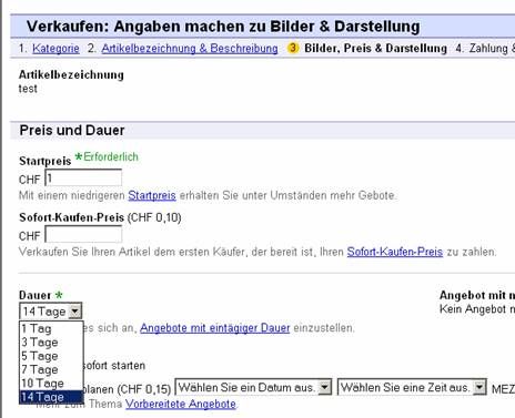 14 Tage Angebotsdauer bei eBay Schweiz