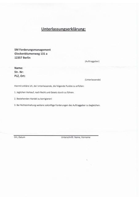 Unterlassungserklärung SM Forderungsmanagement LTD