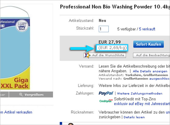 Grundpreis bei eBay