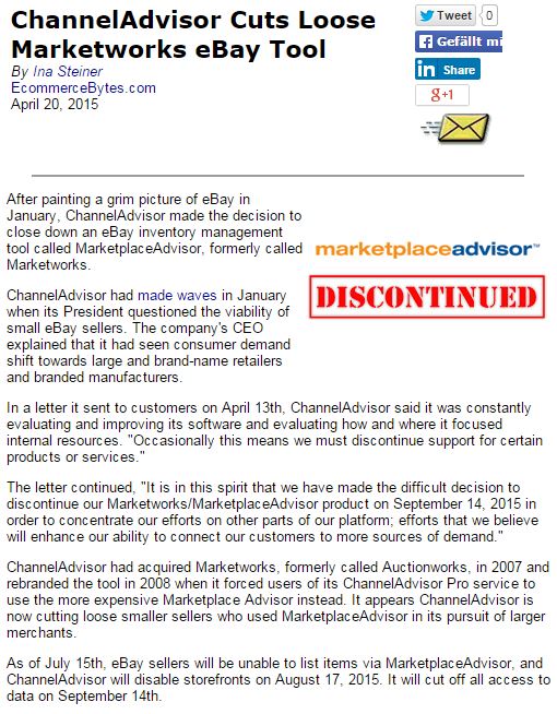 ChannelAdvisor stellt sein Angebot ab dem 15.06.2015 ein!