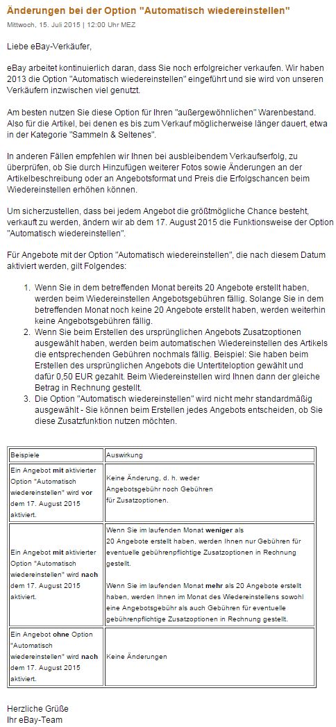 eBay NEWS: Änderung der Option Automatisches wiedereinstellen