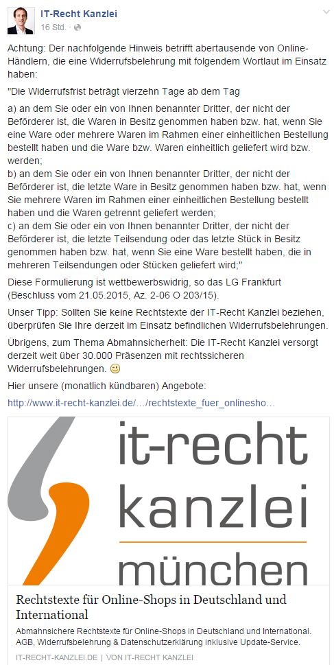 Die IT Recht Kanzlei München macht Händlern Angst und berichtet unzutreffend und unvollständig