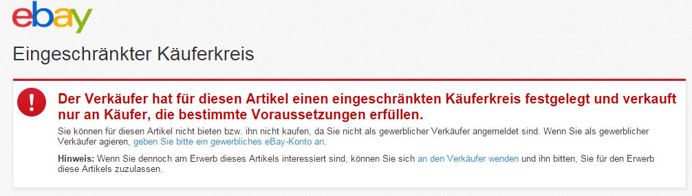 eBay Fehler: Probleme in der Kategorie Business & Industrie - Abmahngefahr