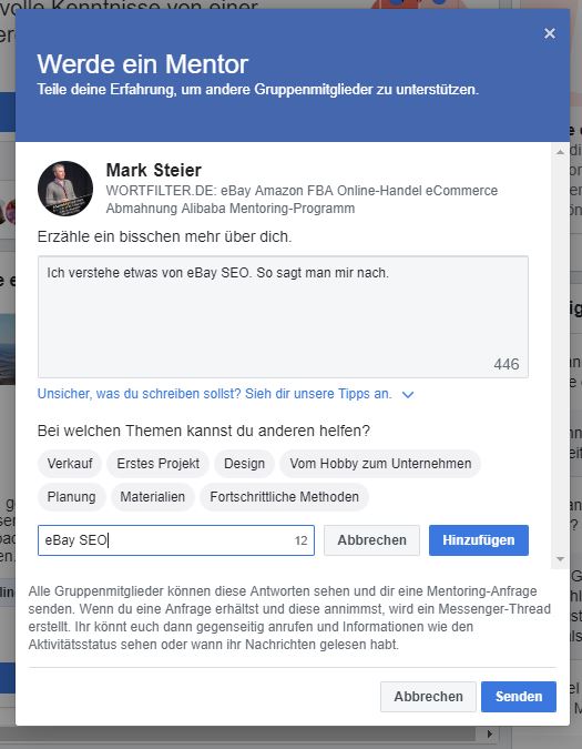 Anleitung Facebook Mentoring Programm in der Wortfilter Facebook Gruppe