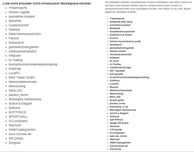 Liste gesperrter Händler auf mydealz.de